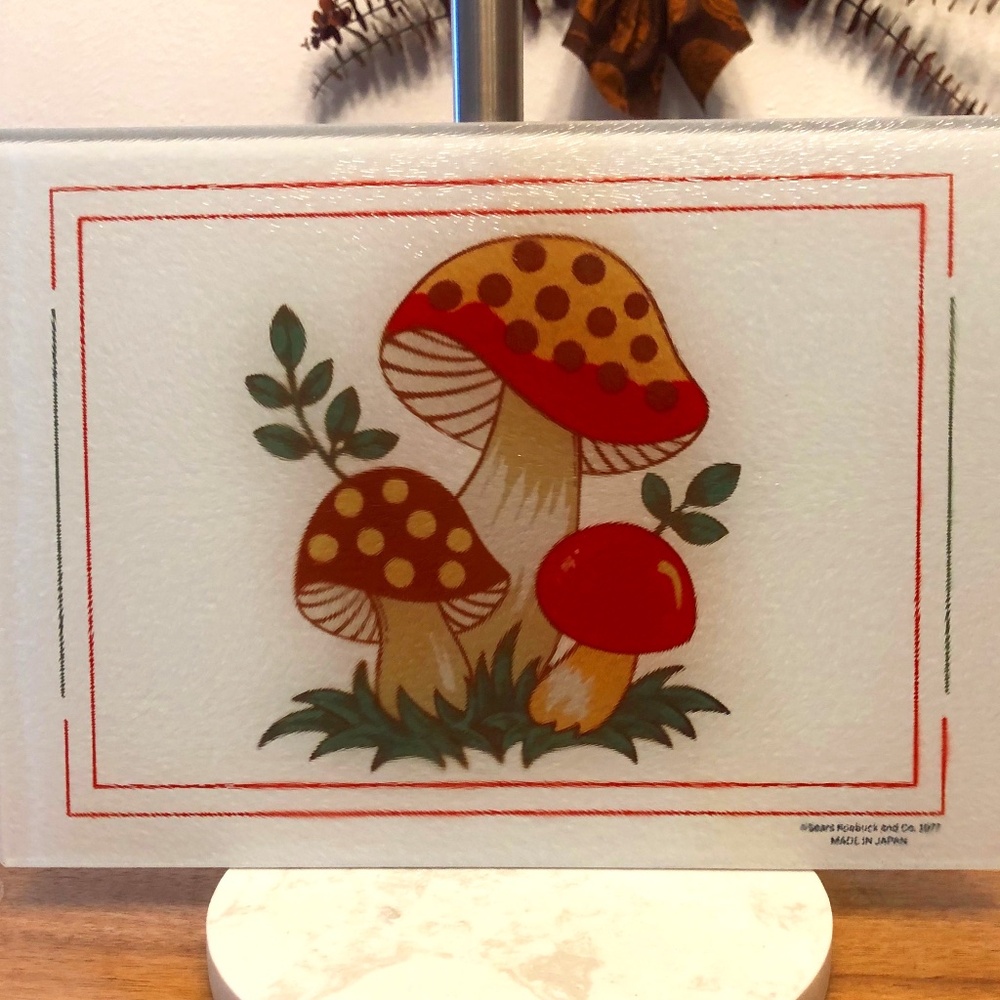 Merry Mushroom Kitchen Glass Cutting Board 8x11 Sears Roebuck 1977 Made in Japan